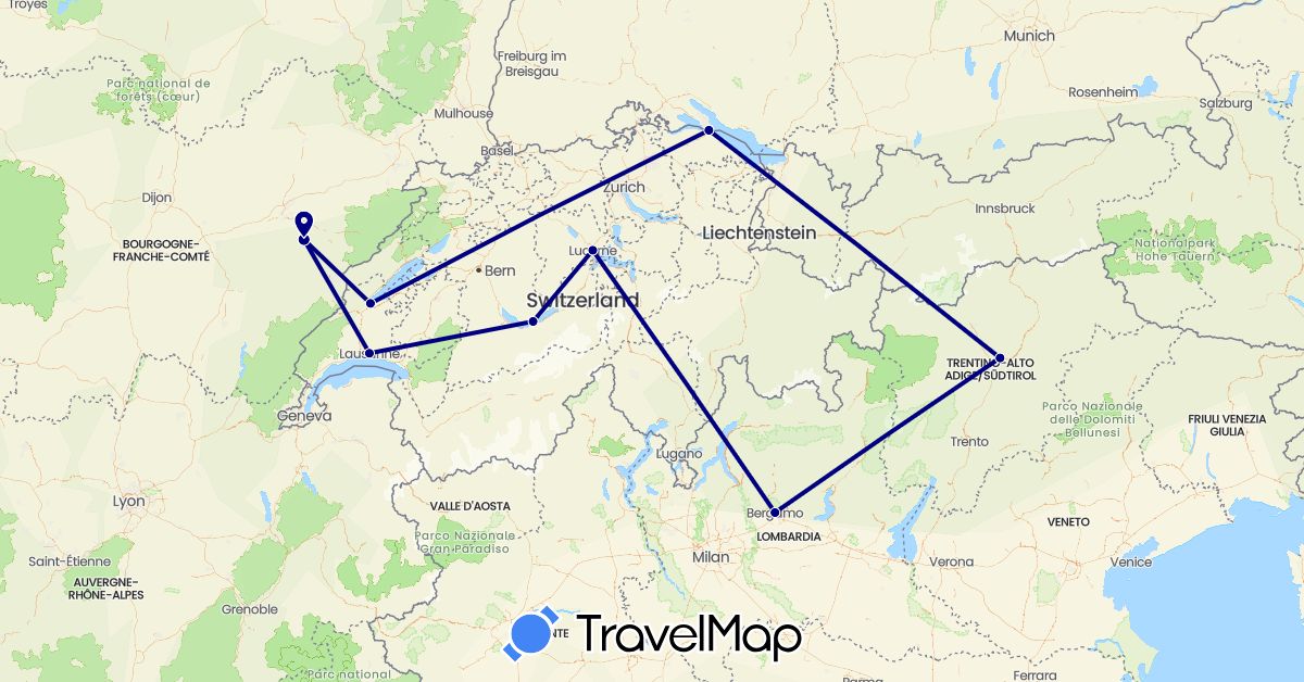 TravelMap itinerary: driving in Switzerland, Germany, France, Italy (Europe)